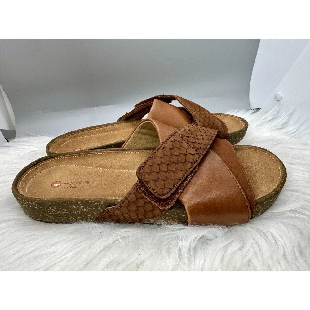Clarks Rosilla Derby Women’s Leather Sandals Dark Tan Combi Unstructured Size 7